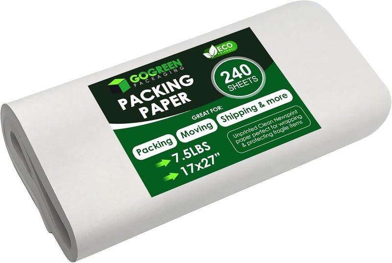go green packaging Newsprint Packing Paper – 240 Sheets, Large 27" x 17" Unprinted Packing Paper Sheets for Moving, Shipping, Wrapping & Storage | Packaging Paper for Moving, Packing, Made in USA. - Image 1